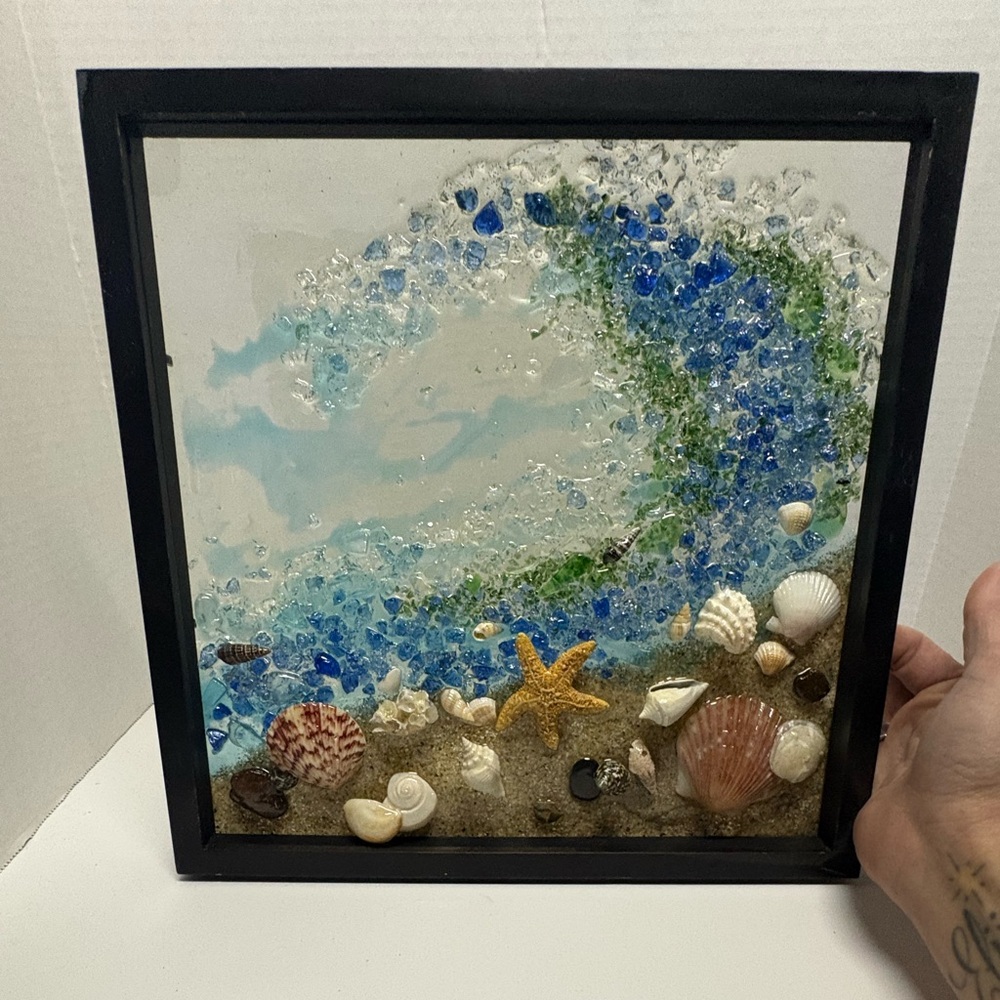 Coastal Wave Glass Art with Shells and Starfish